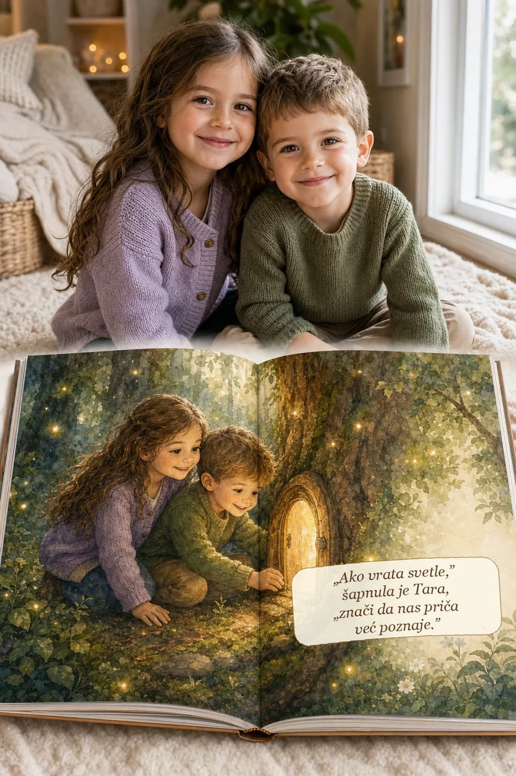 Brat i sestra posmatraju svoju šumsku avanturu u otvorenoj personalizovanoj knjizi