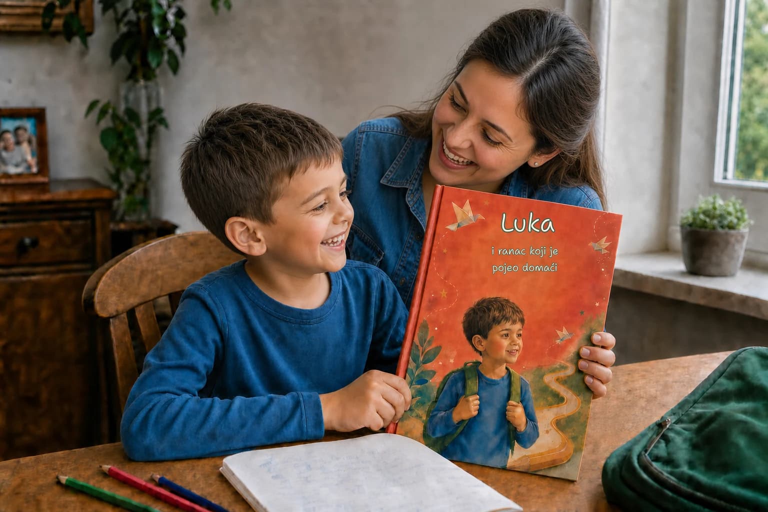 Luka i mama se smeju dok zajedno gledaju personalizovanu školsku knjigu